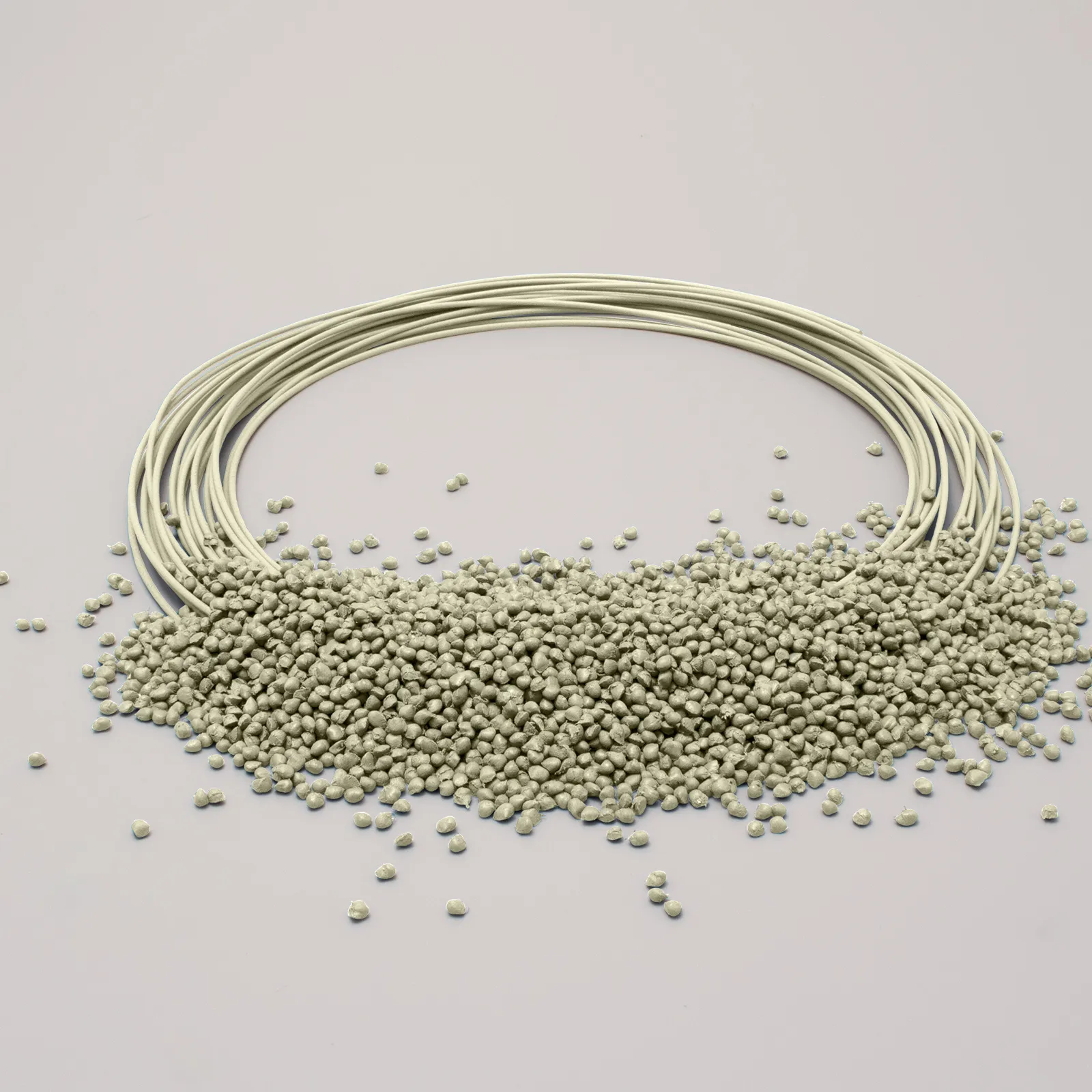 Cavi in fibra ottica circondano granuli beige su sfondo chiaro, simbolo di tecnologia avanzata e connessioni digitali.